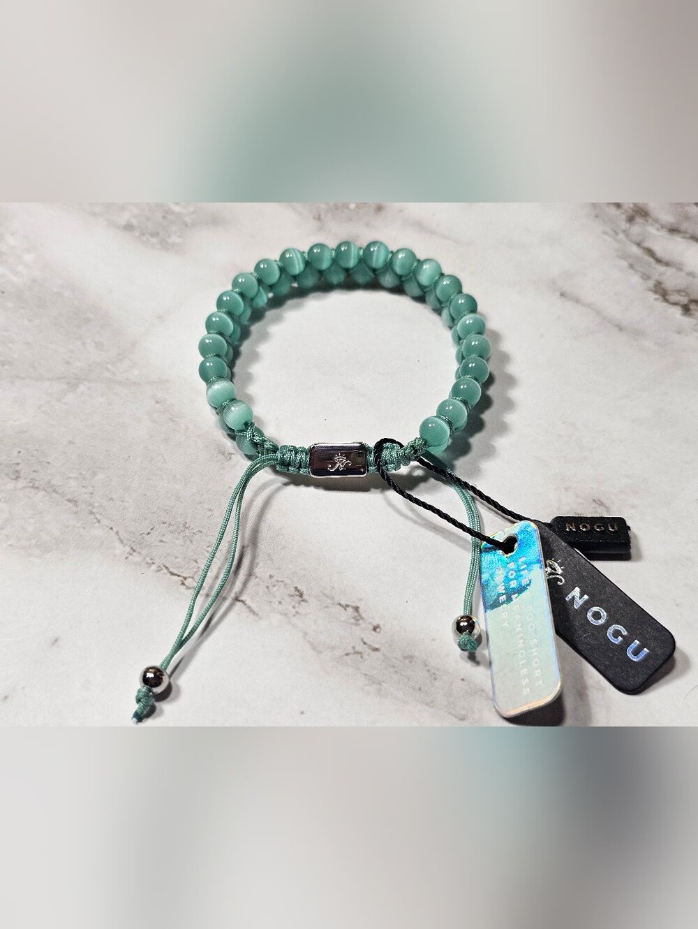 NWT Nogu Teal and Sterling Cheshire Glass Double Macrame Bracelet